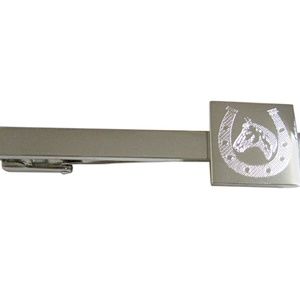 Silver Toned Etched Horse and Horse Shoe Square Ti